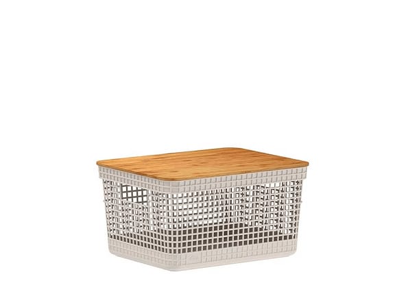 Caixa Organizadora Com Tampa De Bambu Ou Grid Bege 39x23x15cm