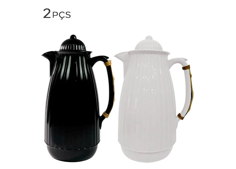 Garrafa Térmica Com Cabo De Bambu Preta E Branca 1l 2pçs