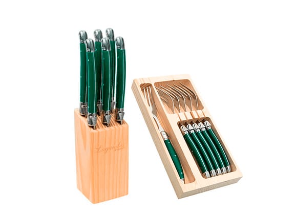 Conjunto Cepo De Facas E Garfo De Aço Inox Laguiole Verde 12pçs