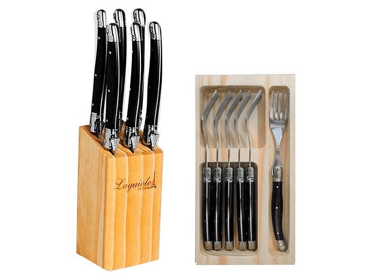 Conjunto Cepo De Facas E Garfo De Aço Inox Laguiole Preto 12pçs