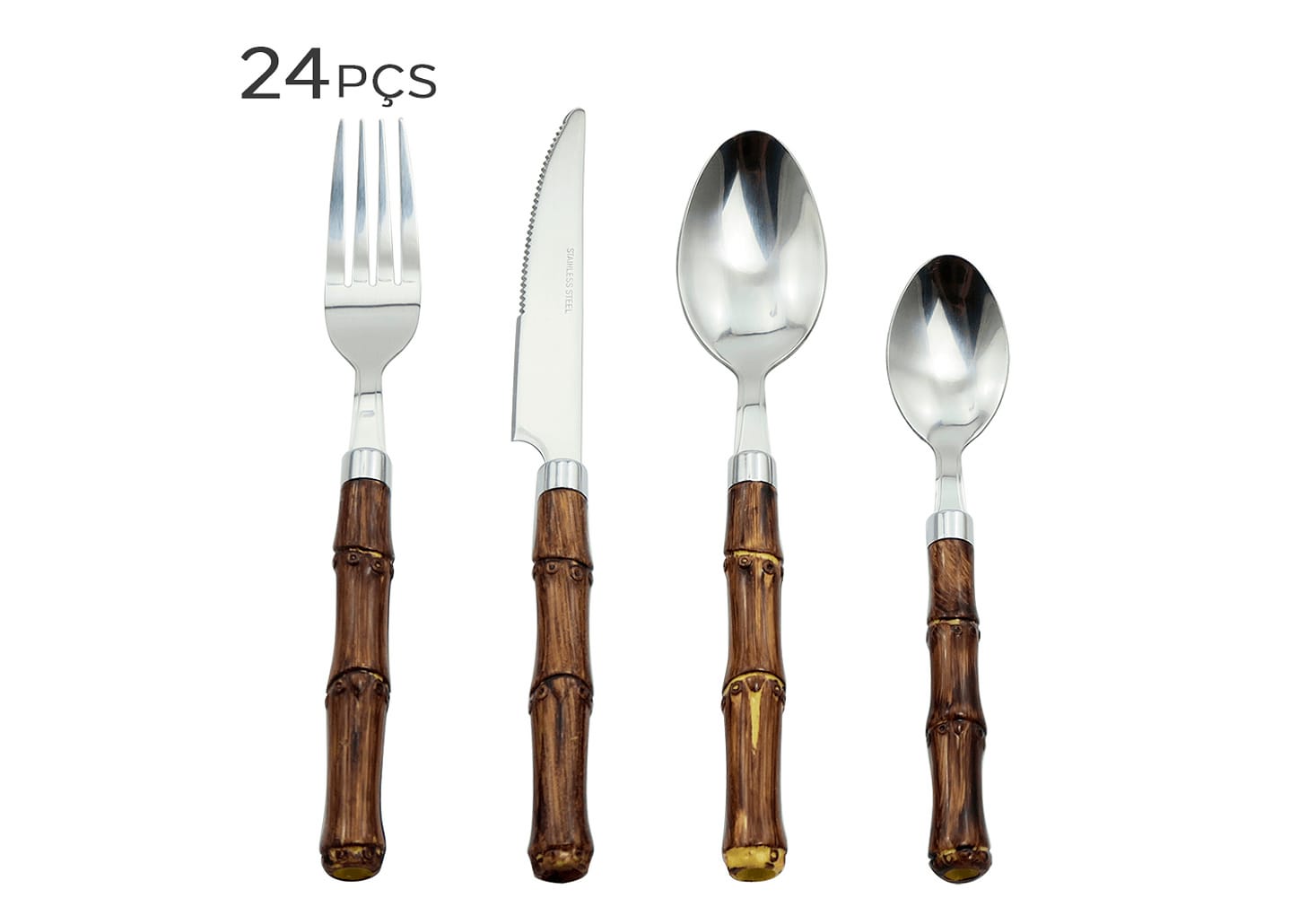 Faqueiro De Aço Inox E Bambu 24pçs