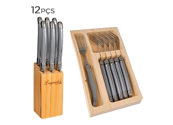 Conjunto Cepo De Facas E Garfo De Aço Inox Laguiole Cinza 12pçs