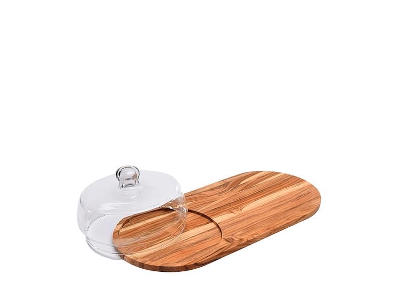 Tábua De Madeira Teca Com Cúpula De Vidro 45x20cm
