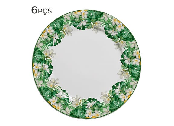 Prato Raso De Cerâmica Macaw Verde E Branco 27cm 6pçs