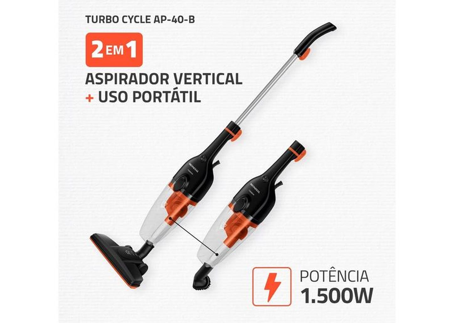 Aspirador de Pó 2 em 1 Mondial 1500W Turbo Cycle AP-40-B Preto e Laranja