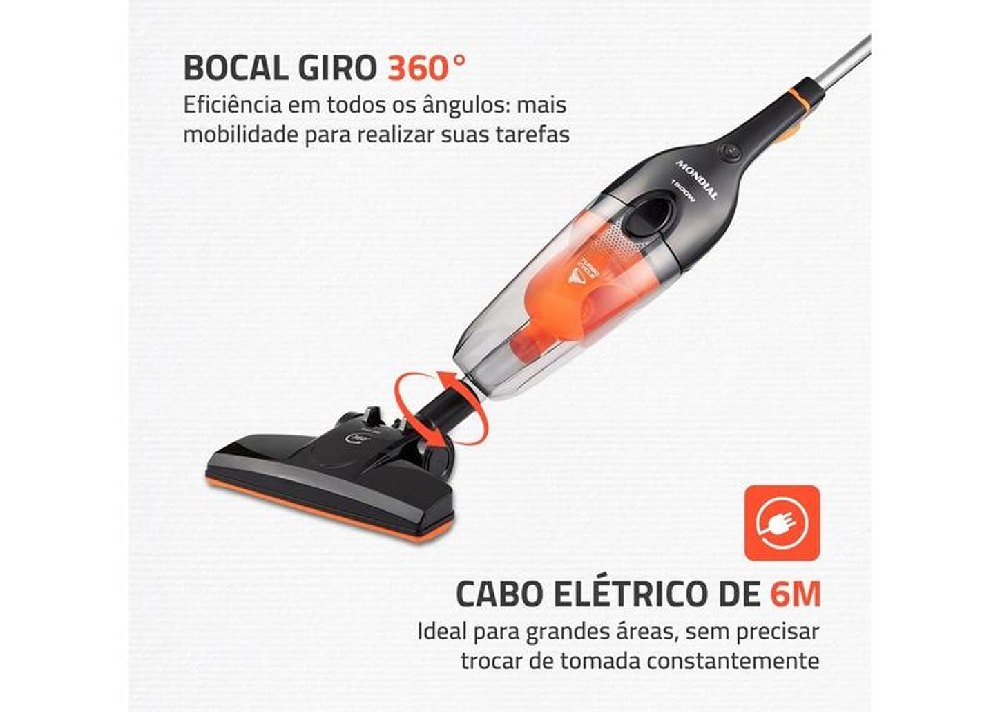 Aspirador de Pó 2 em 1 Mondial 1500W Turbo Cycle AP-40-B Preto e Laranja