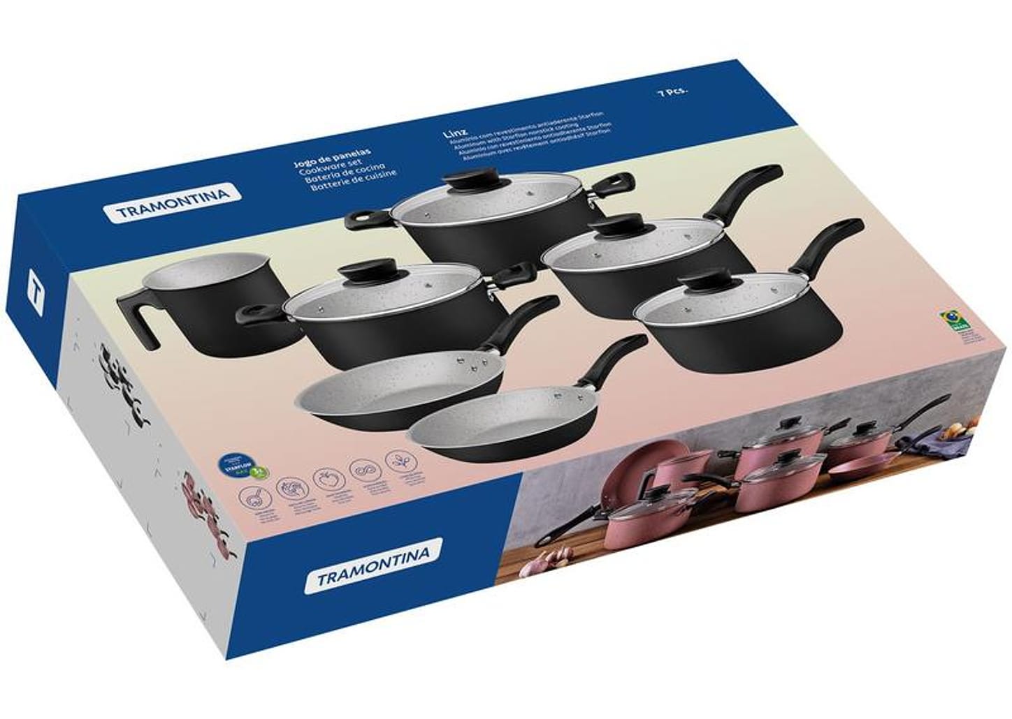 Jogo de Panelas Tramontina de Alumínio Rosa 7 Peças Linz