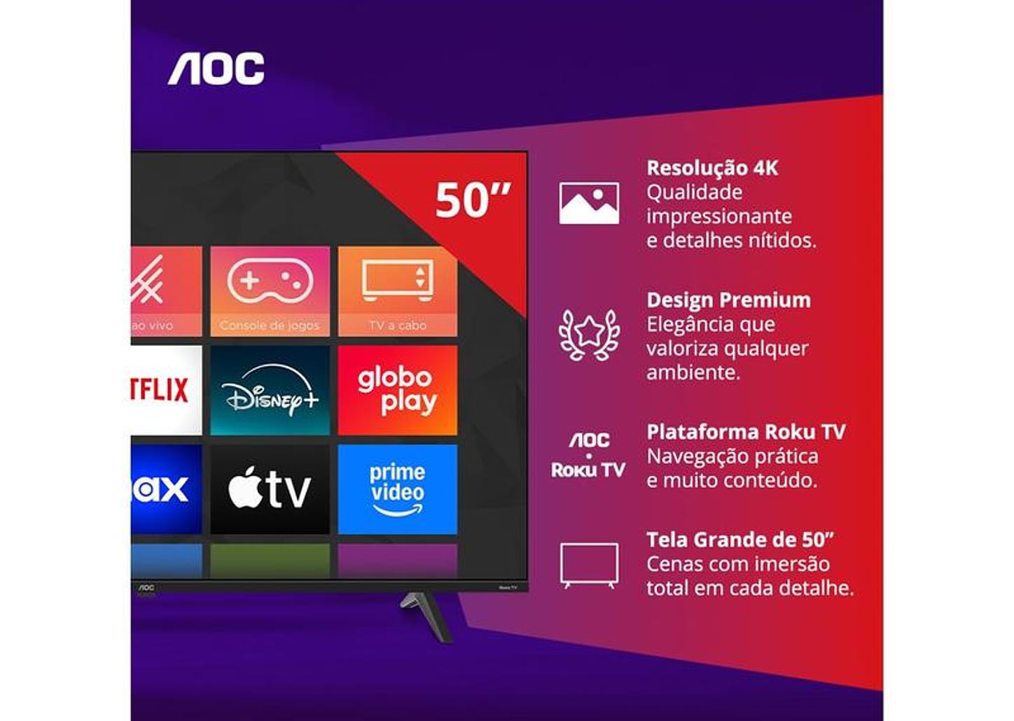 Smart TV 50" AOC 4K DLED Série 7045 50U7045/78G Roku TV Quad Core Google Assistente 3 HDMI