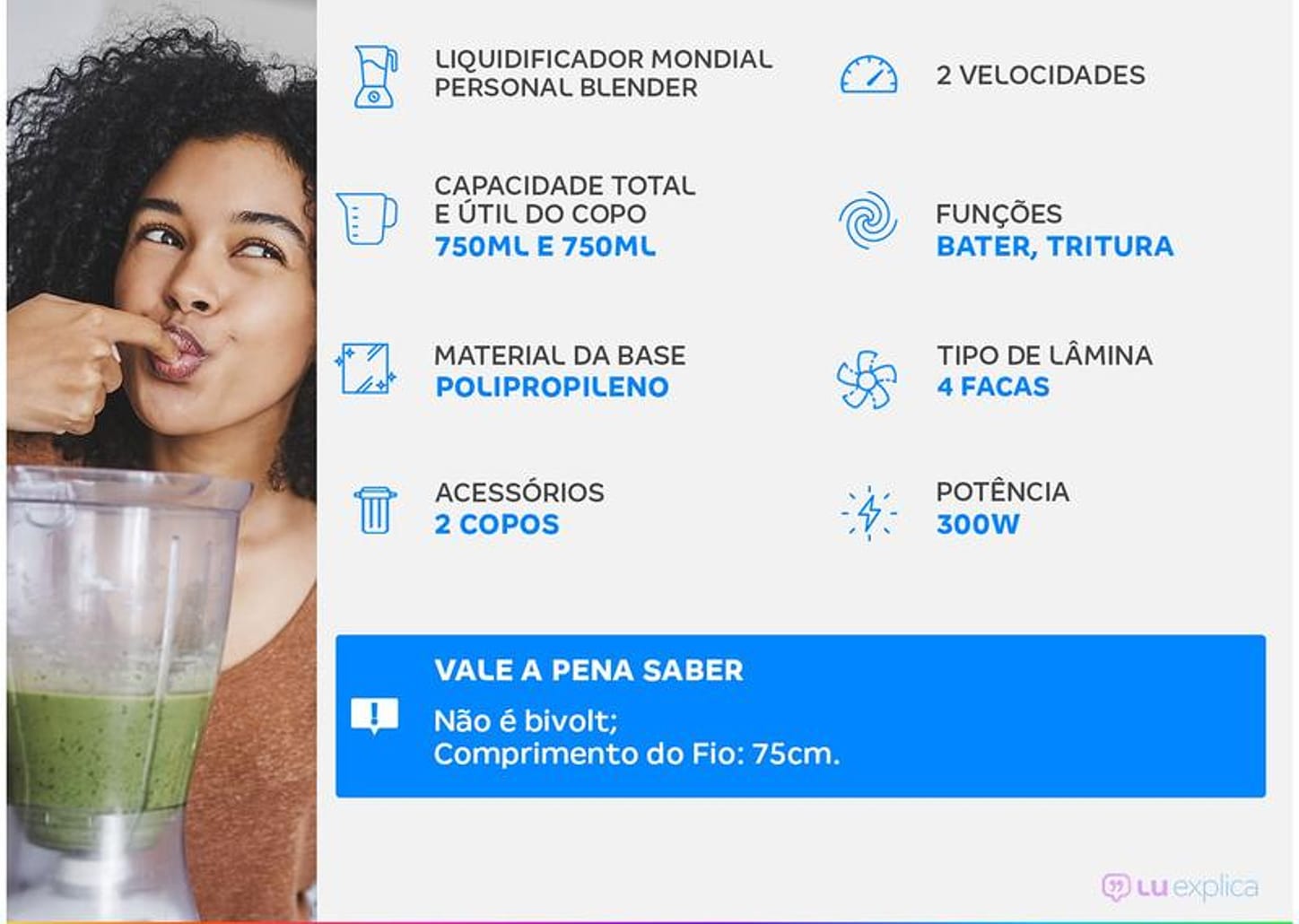 Liquidificador Mondial Personal Blender DG-01 2 Velocidades 300W Preto e Prata