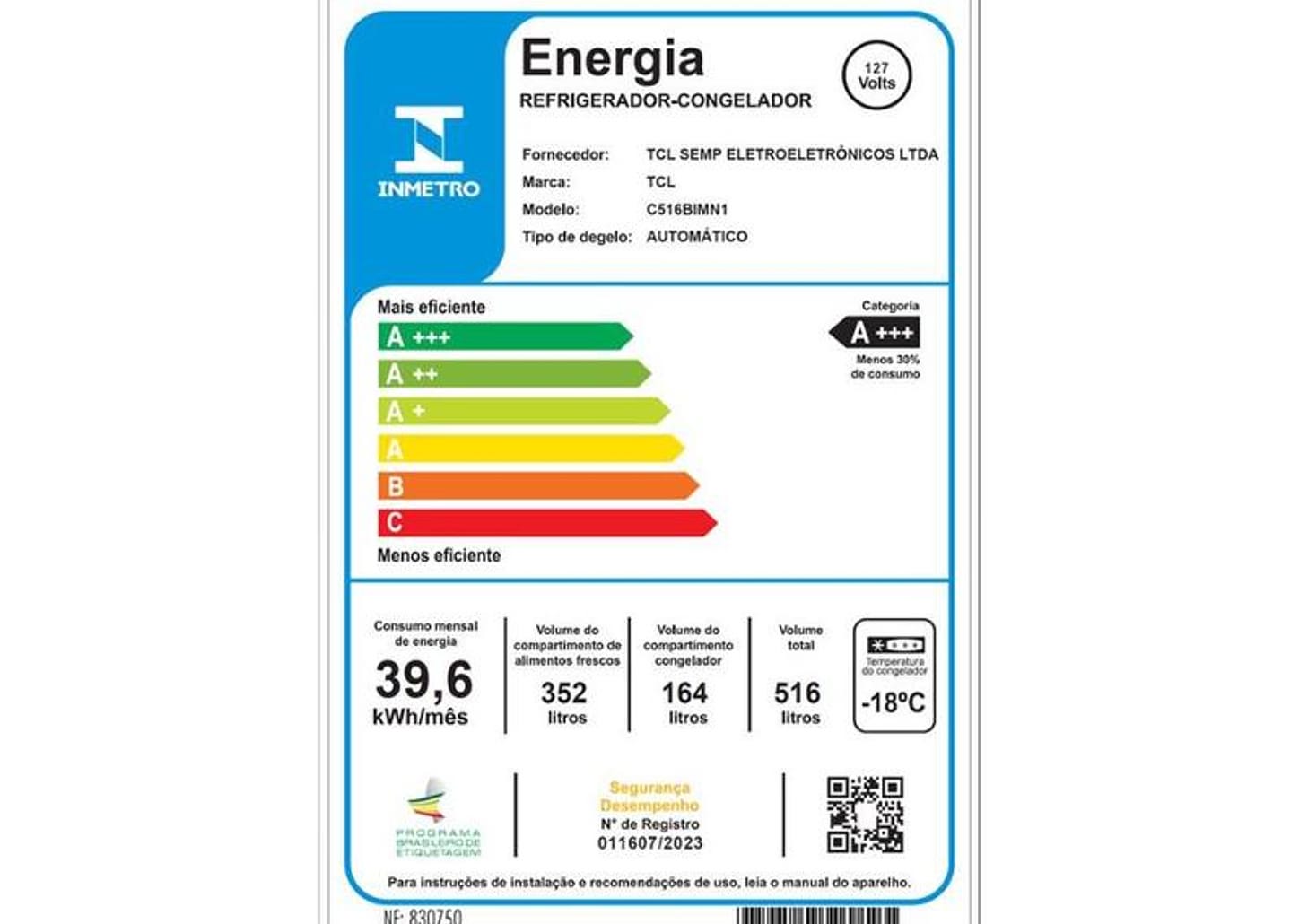 Geladeira/Refrigerador TCL Frost Free Side by Side 516L C516SBIMN1