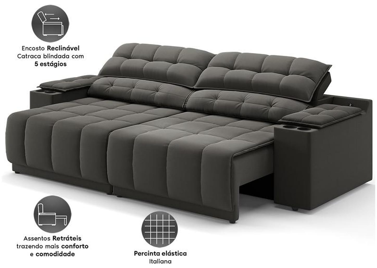 Sofá 3 Lugares Retrátil Reclinável Velosuede Quebec Next Sofás