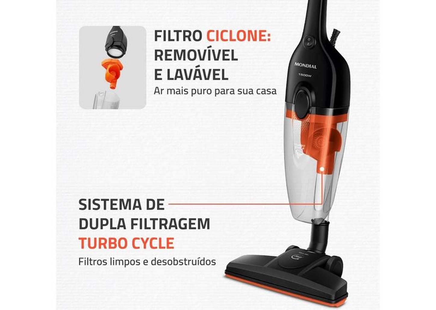 Aspirador de Pó 2 em 1 Mondial 1500W Turbo Cycle AP-40-B Preto e Laranja