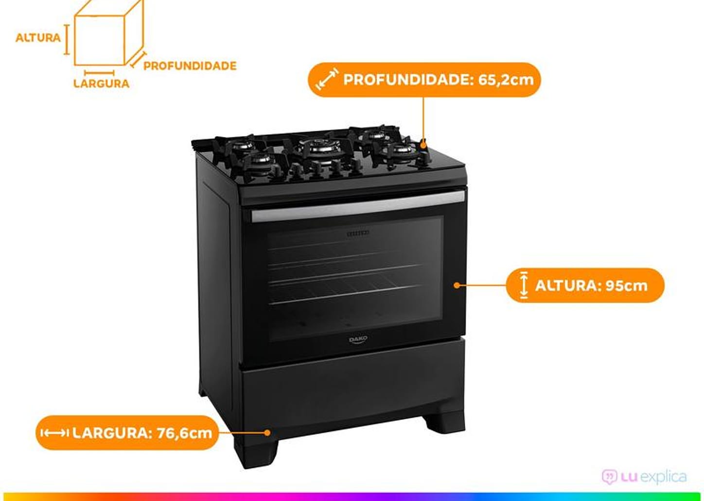 Fogão 5 Bocas Dako Preto Supreme Glass