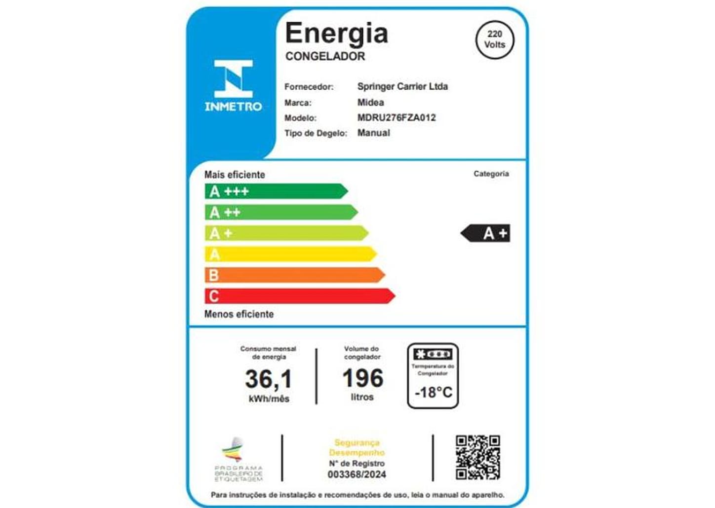 Freezer Vertical Midea 196L MDRU276FZA012