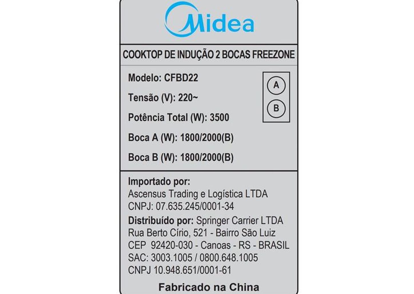 Cooktop 2 Bocas Elétrico Midea Touch Digital Preto Acendimento Automático CFBD22
