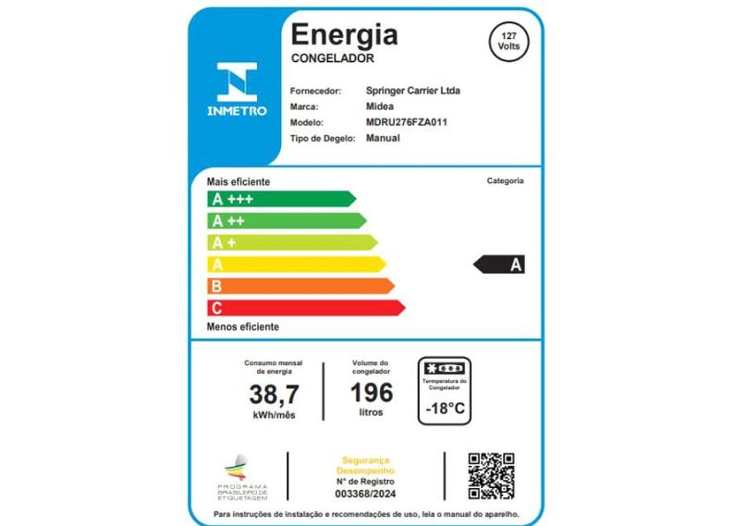 Freezer Vertical Midea 196L MDRU276FZA011