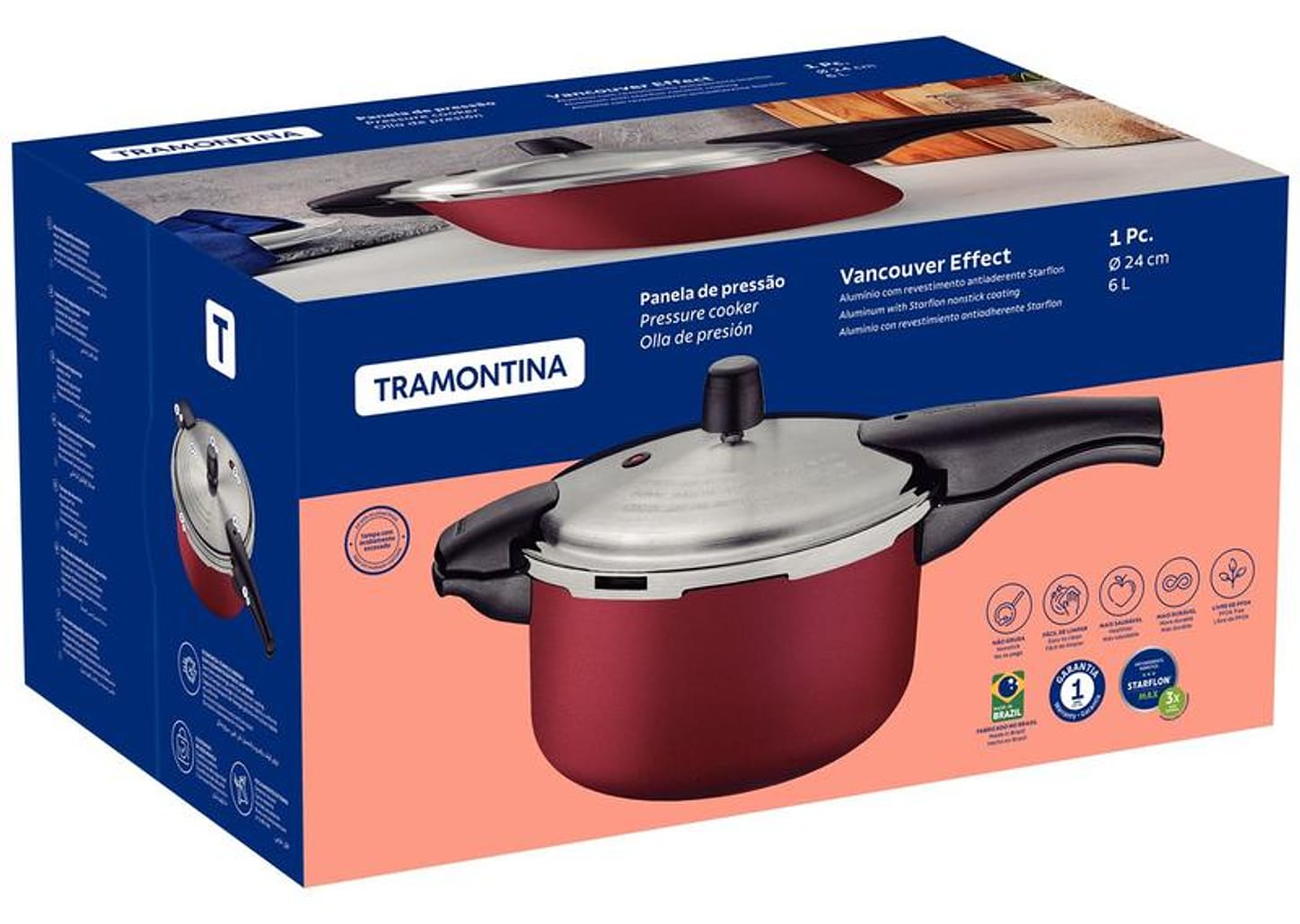 Panela de Pressão Tramontina Alumínio Antiaderente 6L Fechamento Externo Vermelho Vancouver Effect