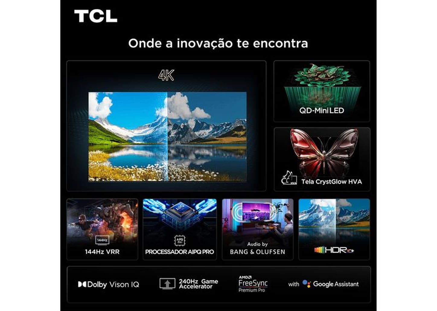Smart TV 75" TCL 4K UHD MiniLED 75C7K 144Hz Google TV AiPQ Pro Google Assistente 4 HDMI