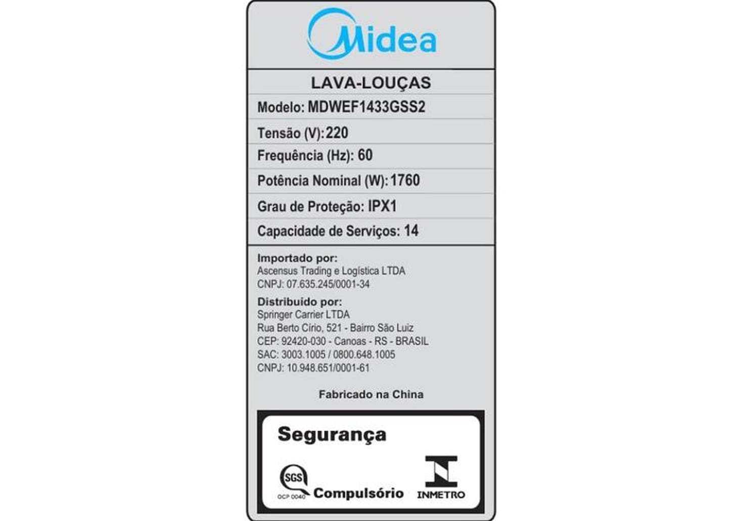 Lava-louças Midea 14 Serviços SmartHome MDWEF1433GSS2