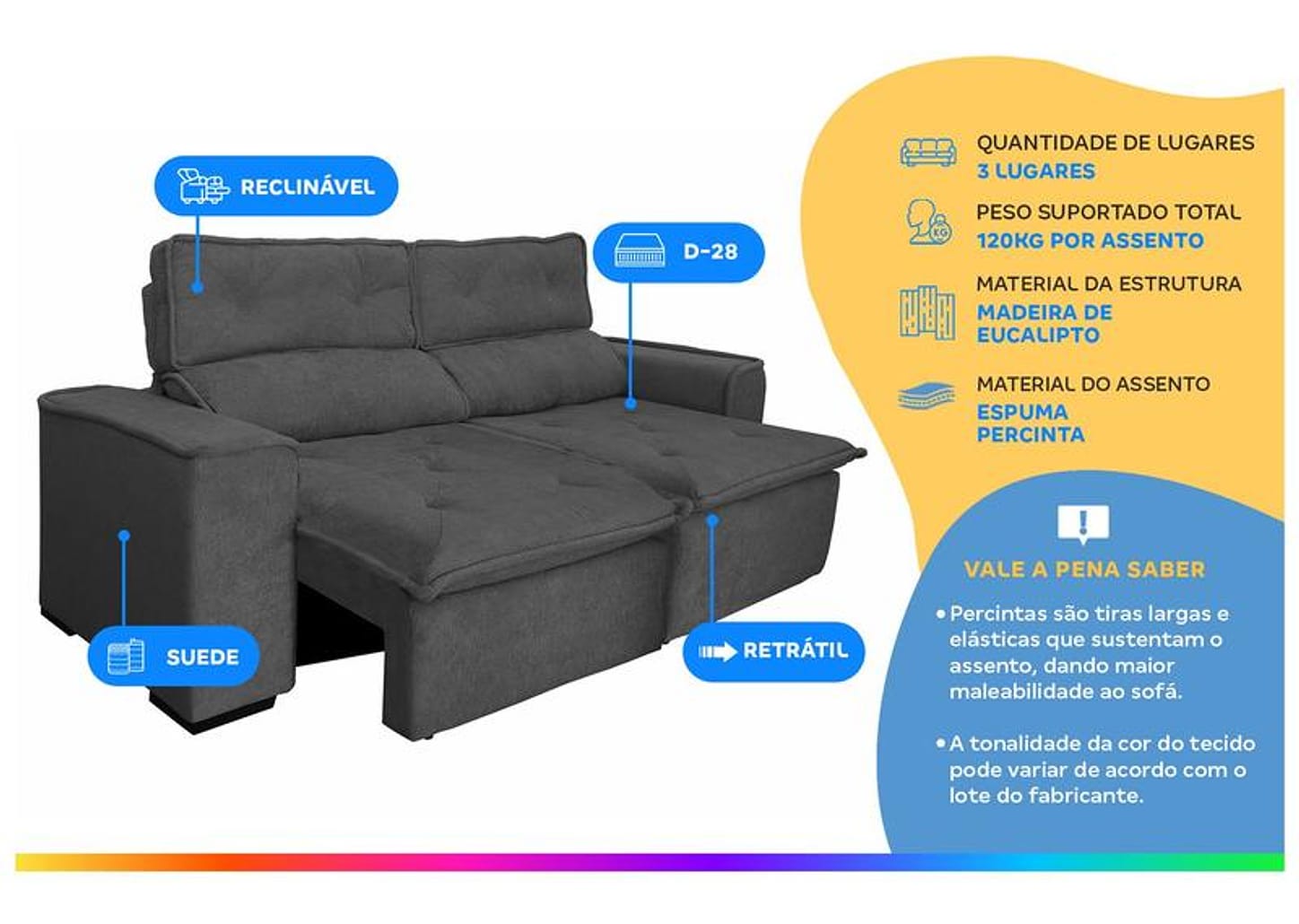 Sofá 3 Lugares Retrátil Reclinável Suede Califórnia JW Estofados