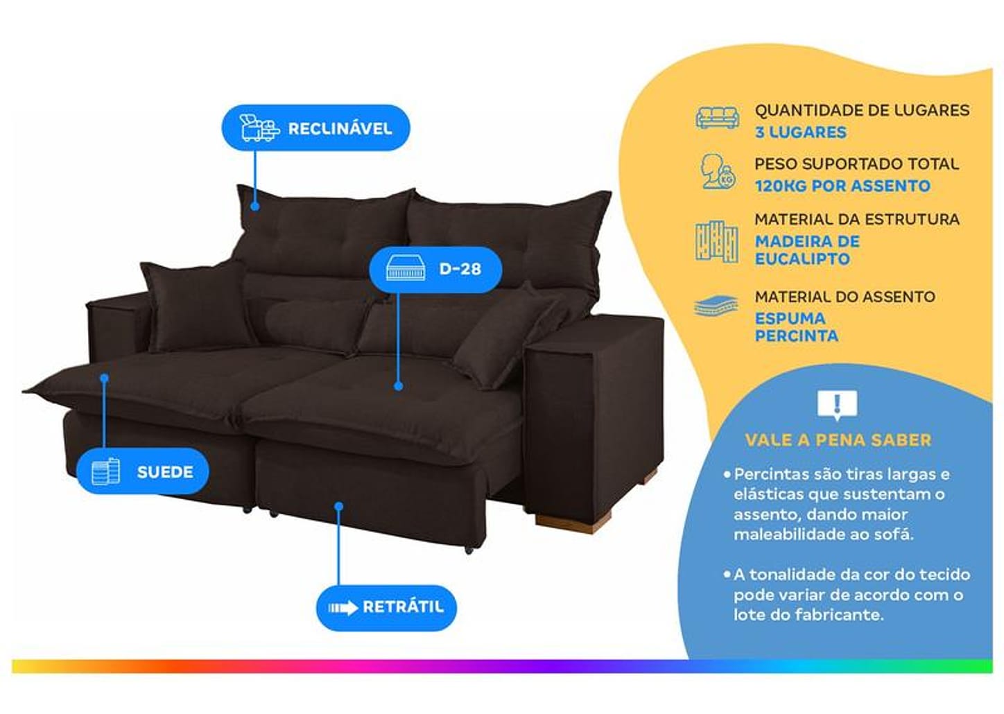 Sofá 3 Lugares Retrátil Reclinável Suede Parma JW Estofados