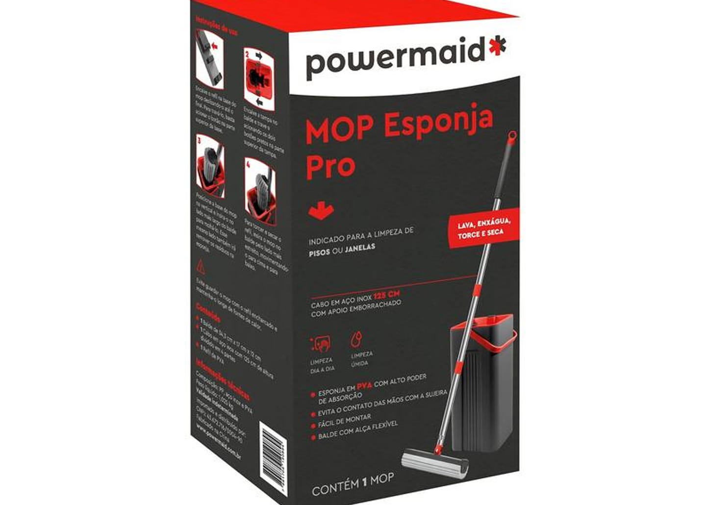 Mop Esponja Pro Powermaid Cinza e Vermelho