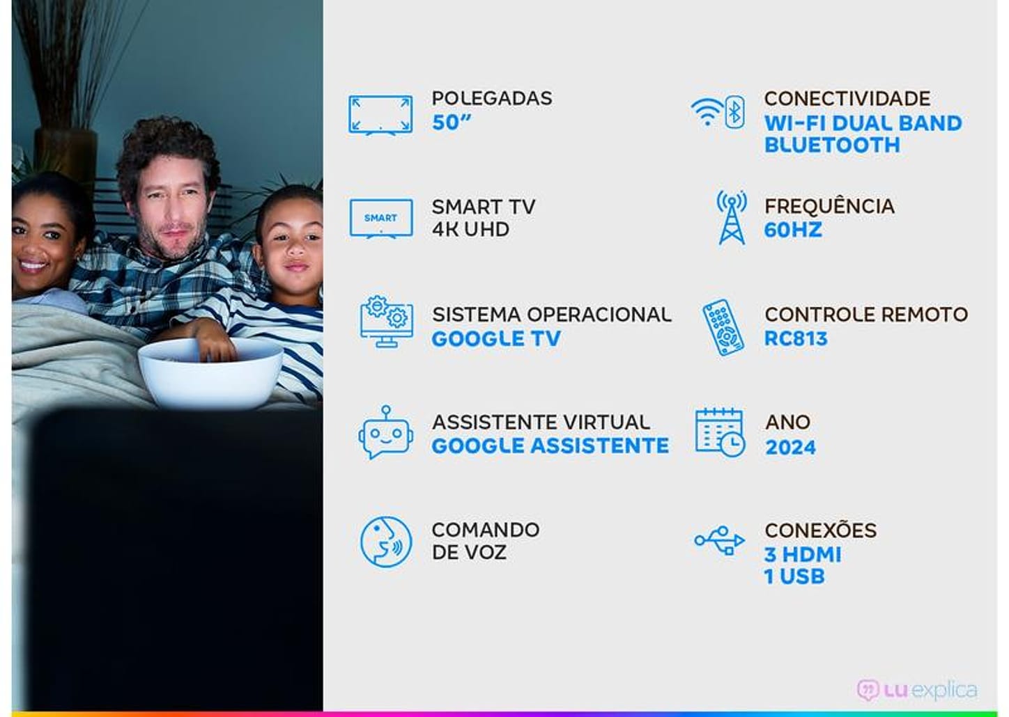 Smart TV 50" Semp 4K UHD LED S61 Google TV AiPQ Pro Google Assistente 3 HDMI