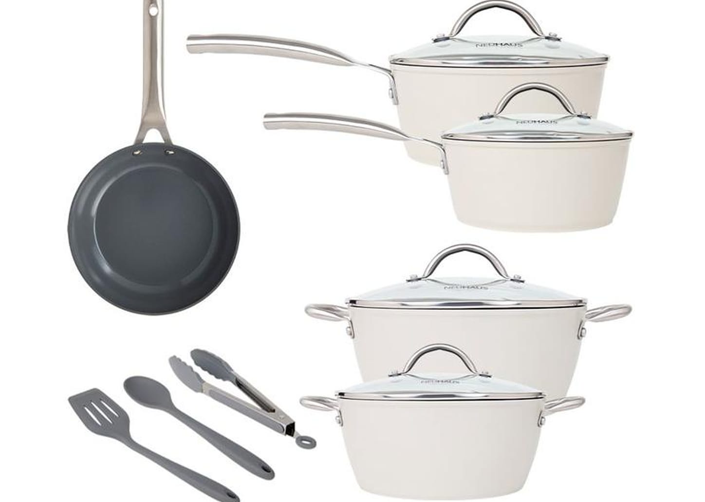 Jogo de Panelas Neuhaus Revestimento Cerâmico de Alumínio Forjado Off White Fundo Triplo 8 Peças Ceramic Prime