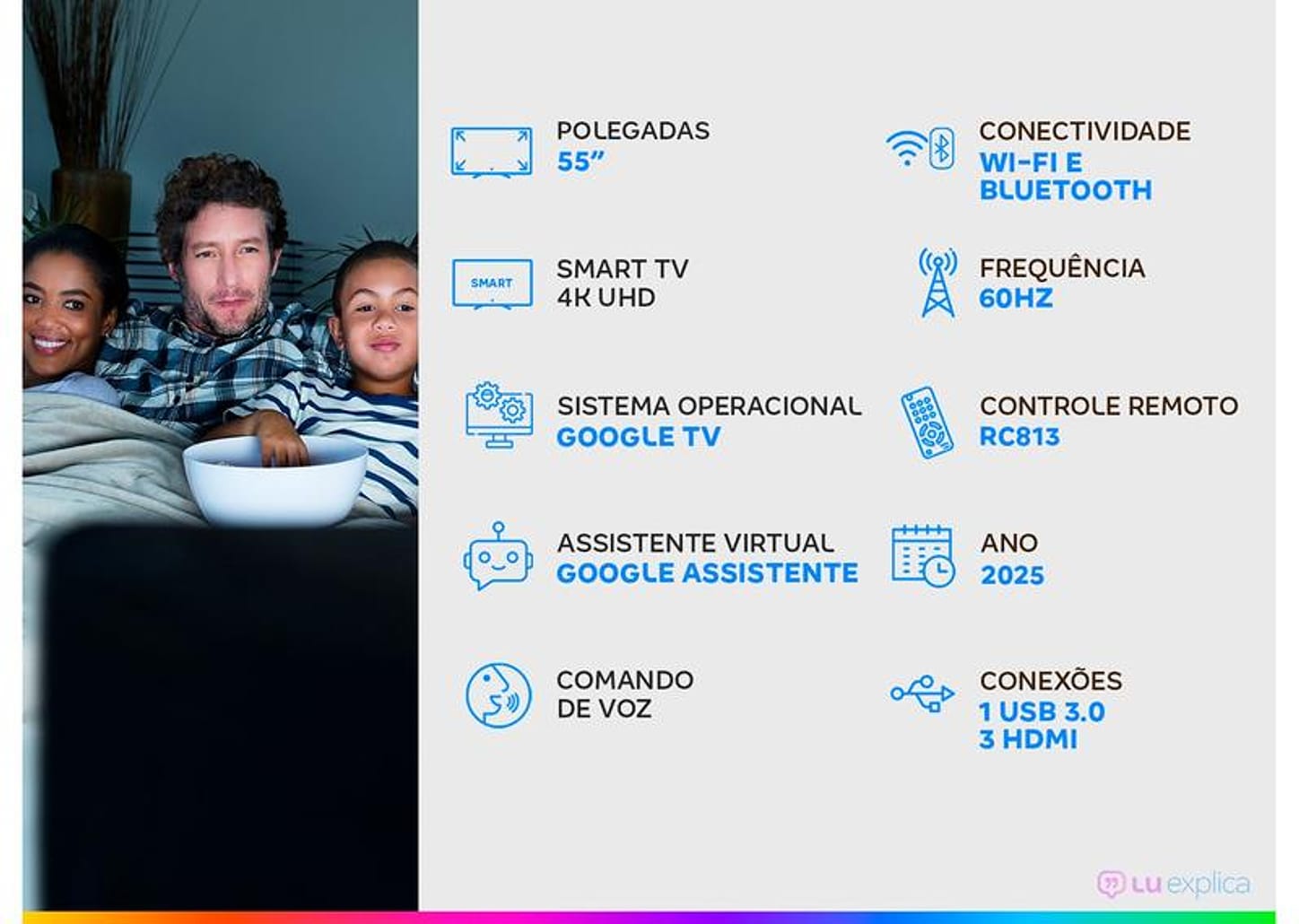 Smart TV 55" TCL 4K UHD QLED 55P7K Google TV AiPQ Google Assistente 3 HDMI 1 USB