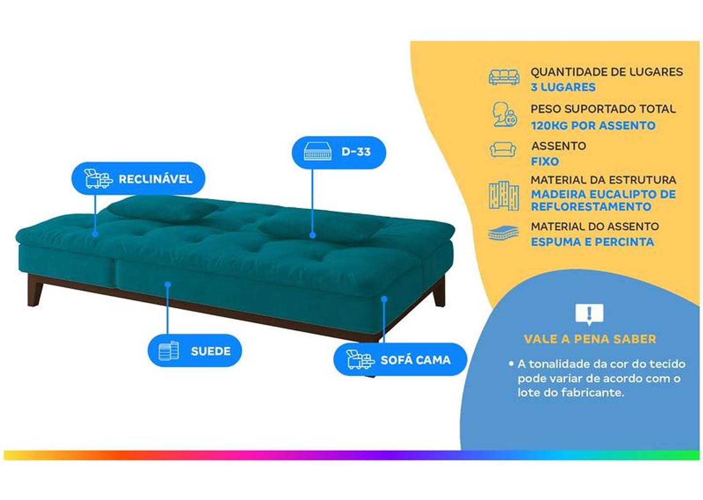 Sofá-cama 3 Lugares Reclinável Suede Linoforte Jade