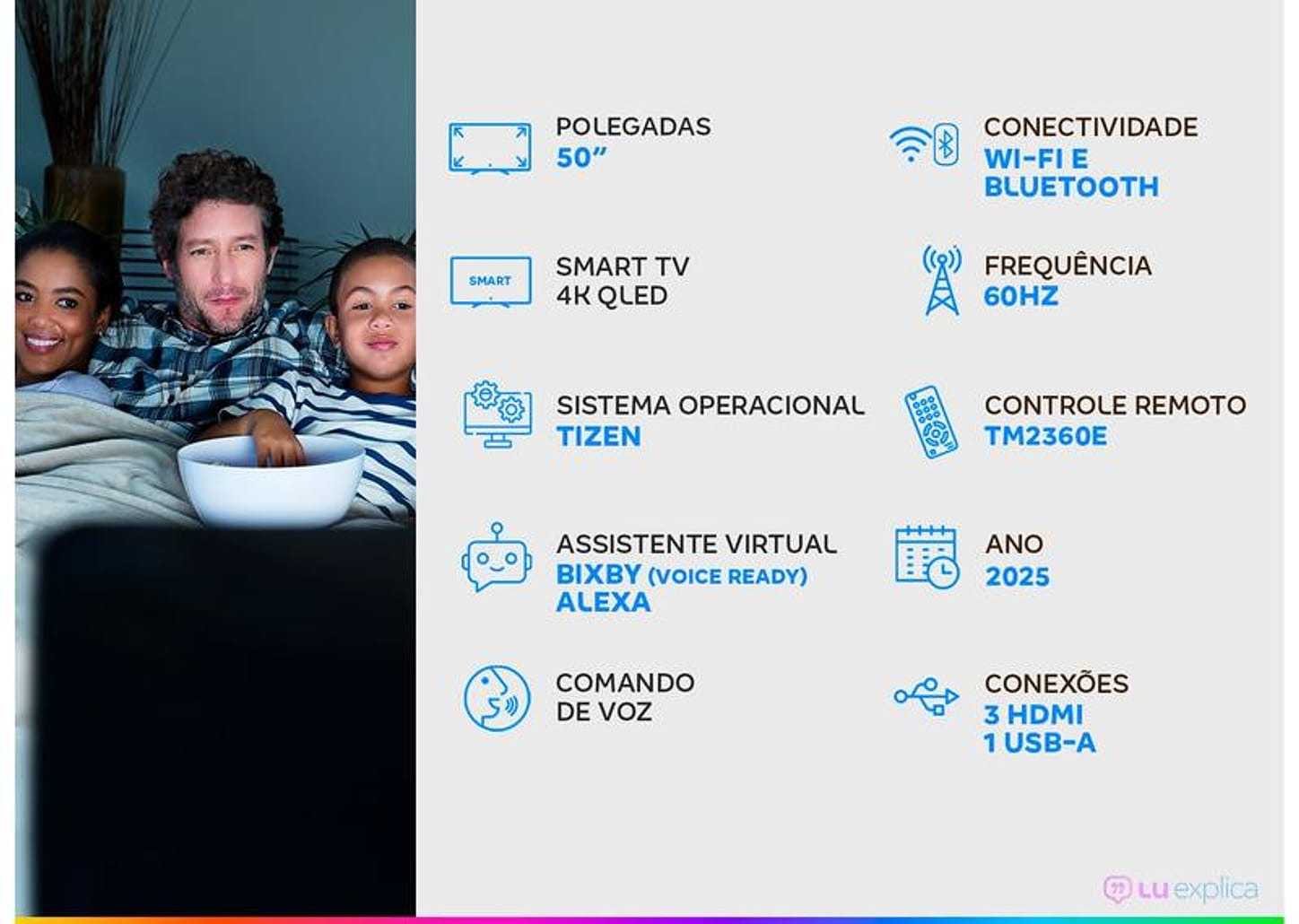 Smart TV 50" Samsung 4K QLED QN50Q7FAAGXZD Tizen Q4 AI 3 HDMI