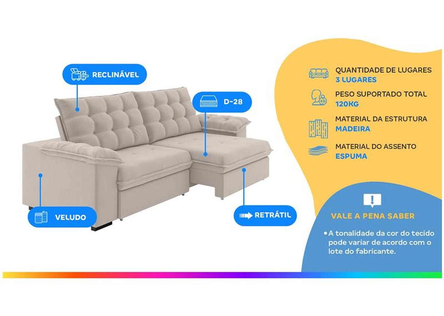 Sofá 3 Lugares Retrátil Reclinável Veludo Vancouver Besthouse