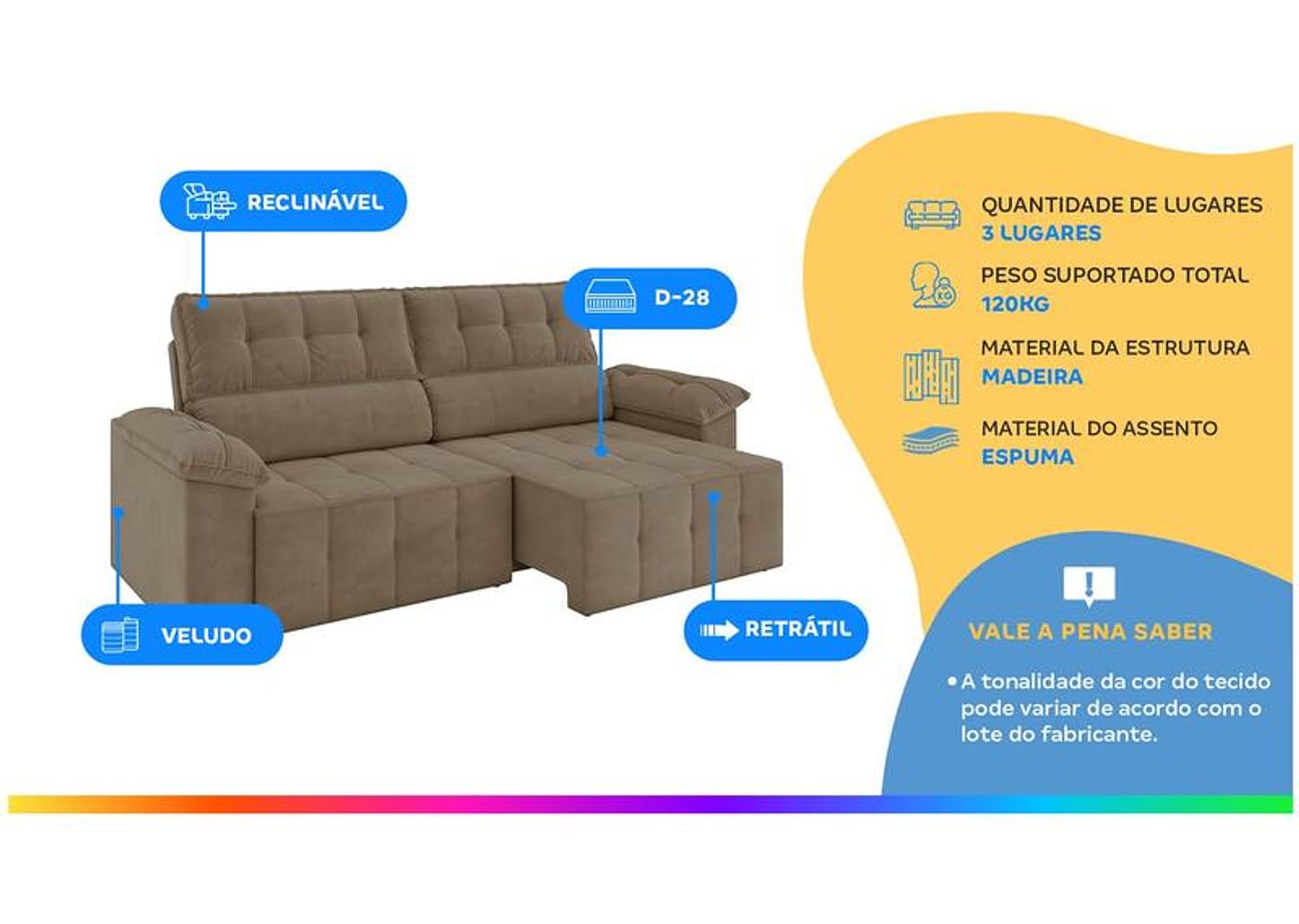 Sofá 3 Lugares Retrátil Reclinável Veludo Santorini Besthouse