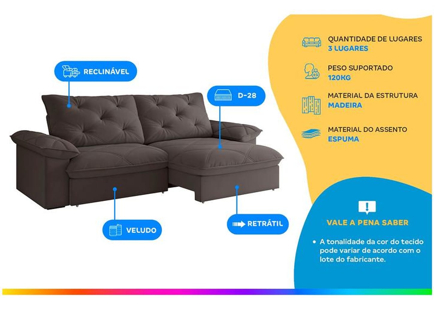 Sofá 3 Lugares Retrátil Reclinável Veludo Vancouver Besthouse