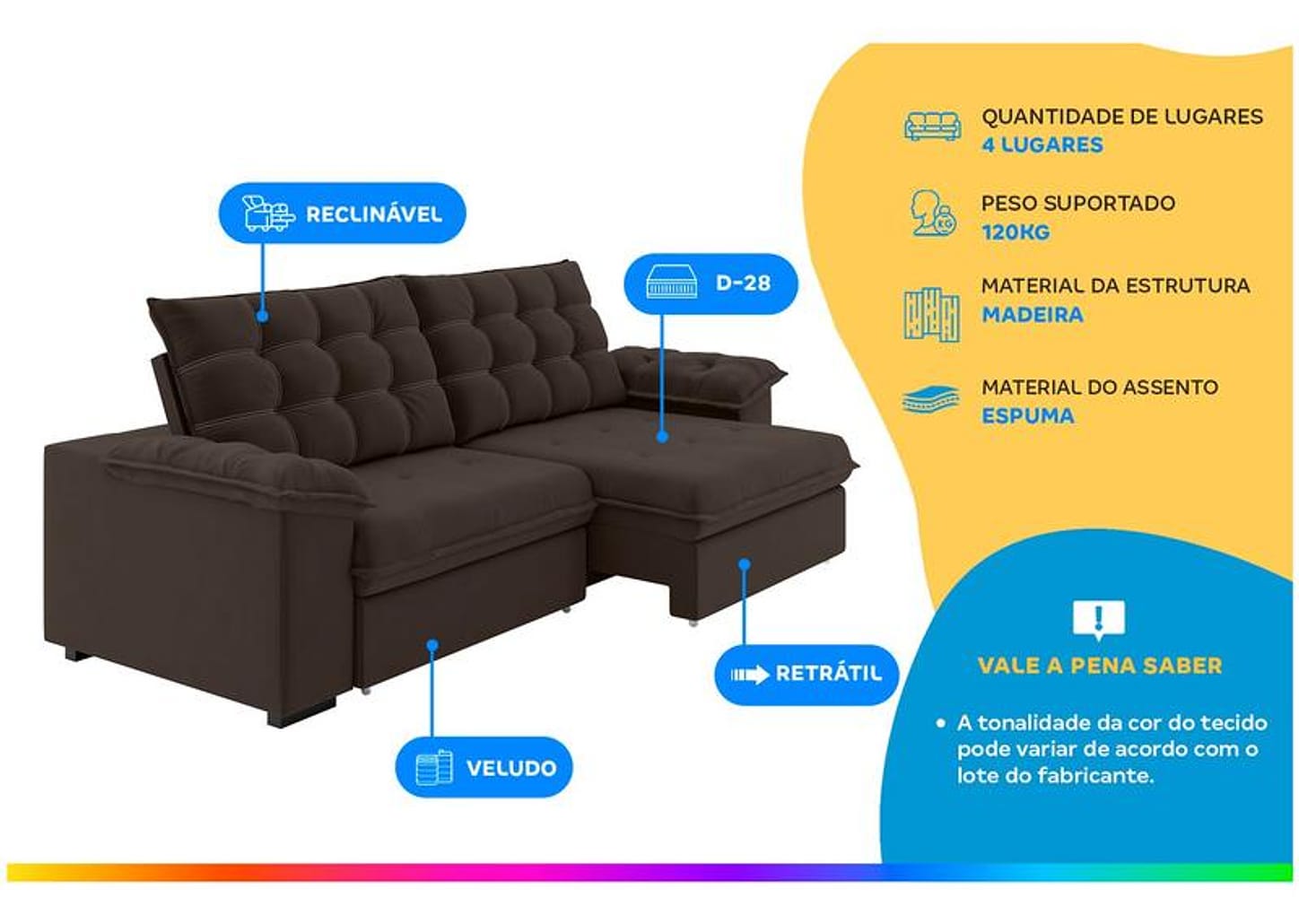 Sofá 4 Lugares Retrátil Reclinável Veludo Vancouver Besthouse