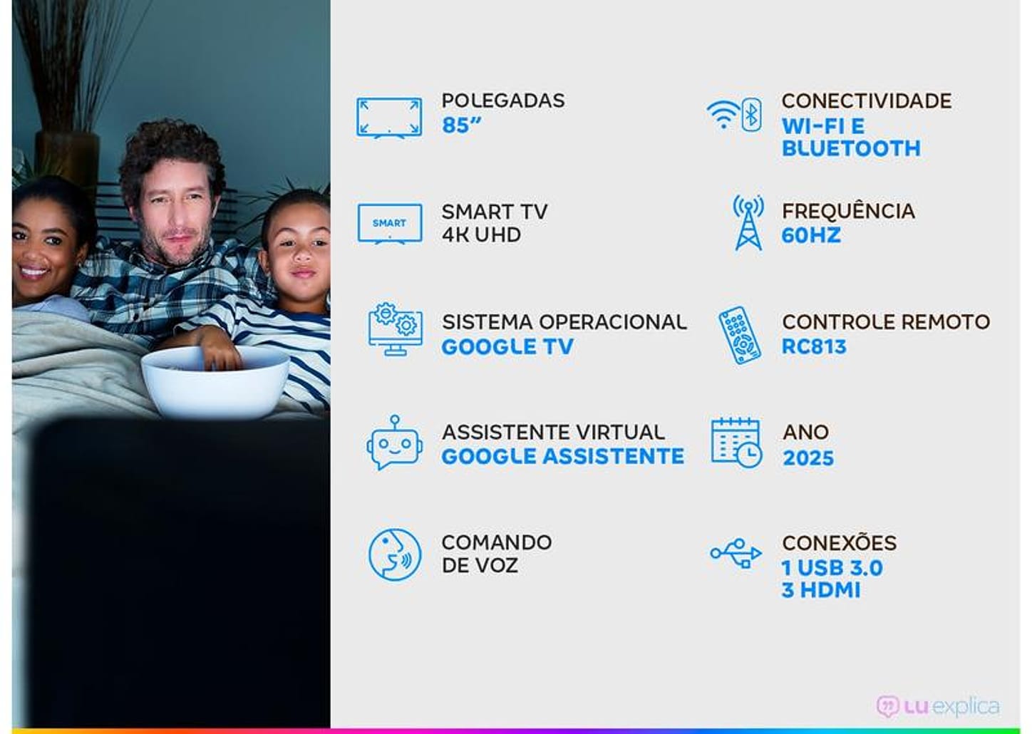 Smart TV 85" TCL 4K UHD QLED 85P7K Google TV AiPQ Google Assistente 3 HDMI 1 USB