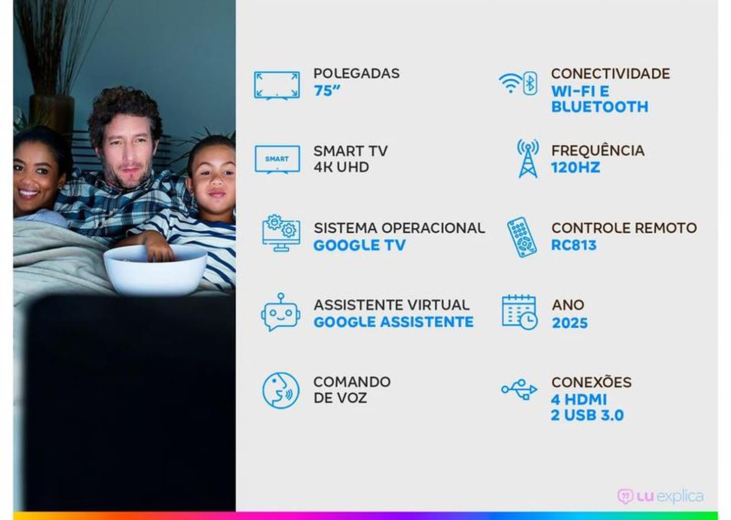 Smart TV 75" TCL 4K UHD MiniLED 75C6K 120Hz Google TV AiPQ Google Assistente 4 HDMI 2 USB