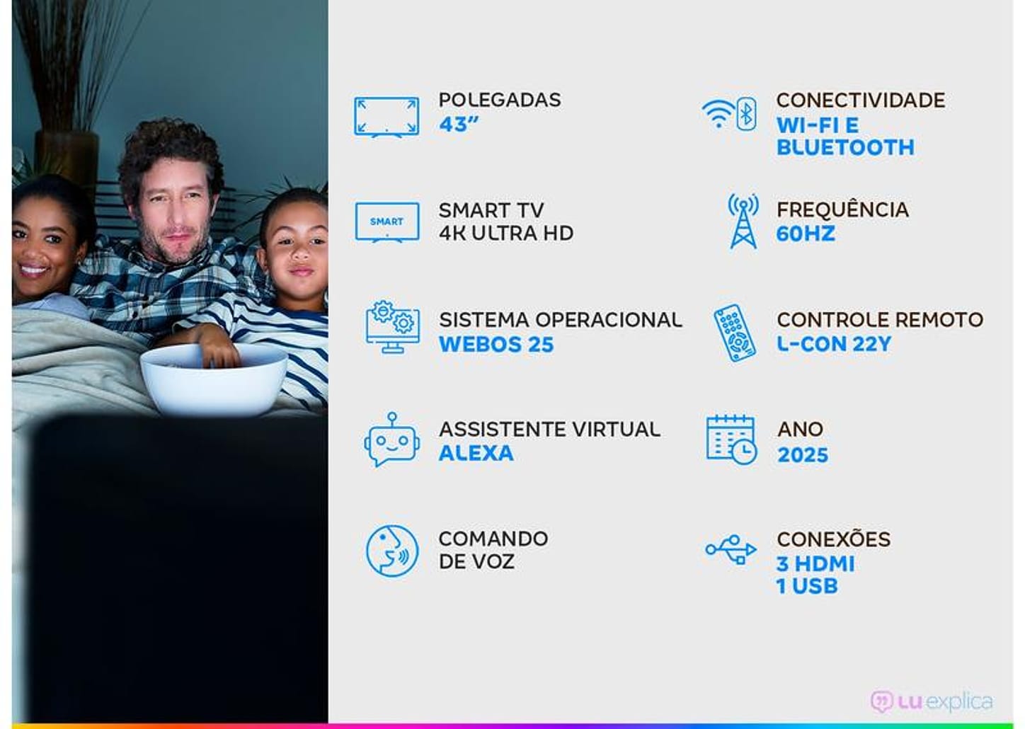 Smart TV 43" LG 4K Ultra HD 43UA7500PSA webOS 25 AI Processor 4K Gen8 com Alexa 3 HDMI