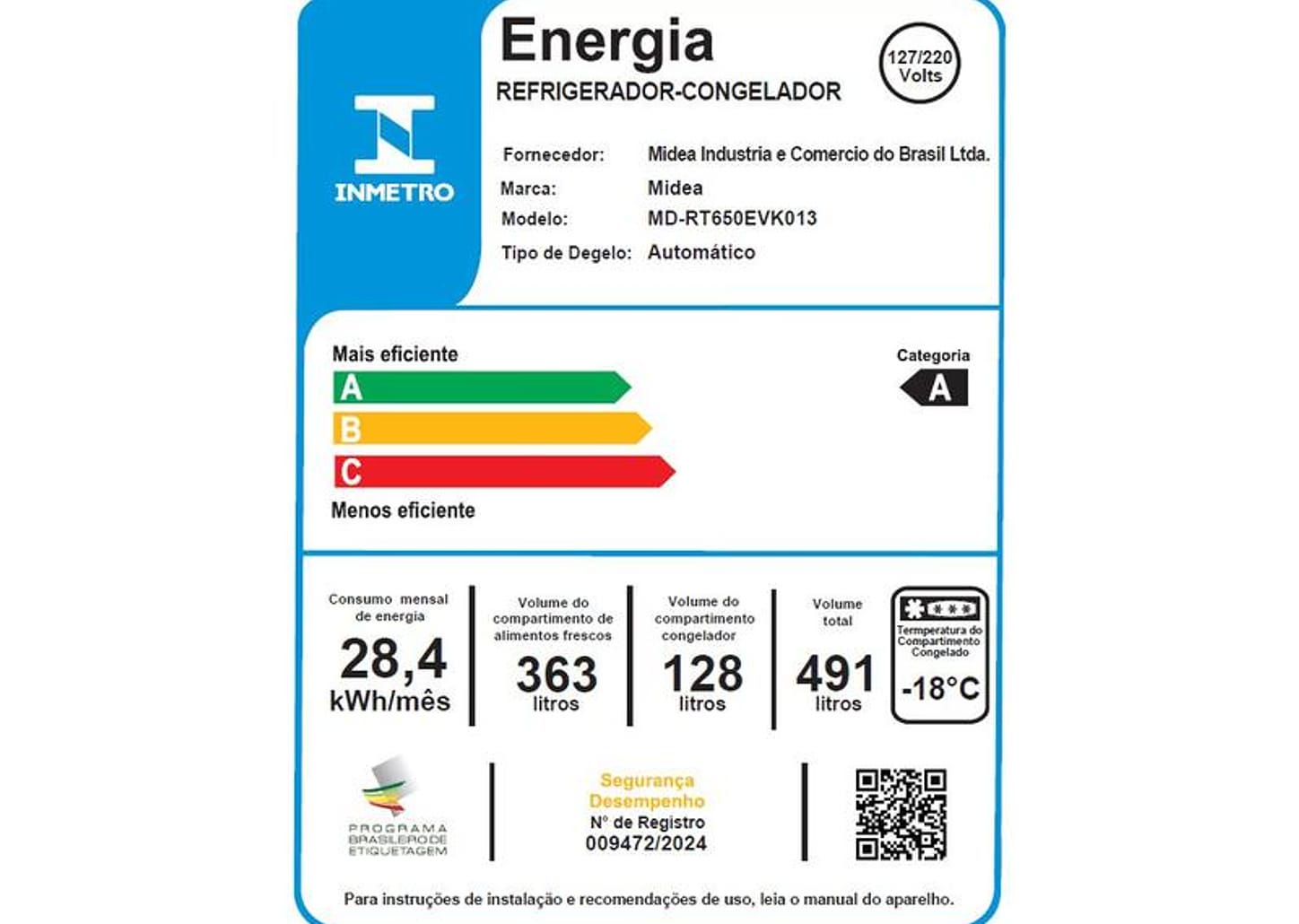 Geladeira/Refrigerador Midea Frost Free Duplex Branca 491L MD-RT650EVK013 Inverter