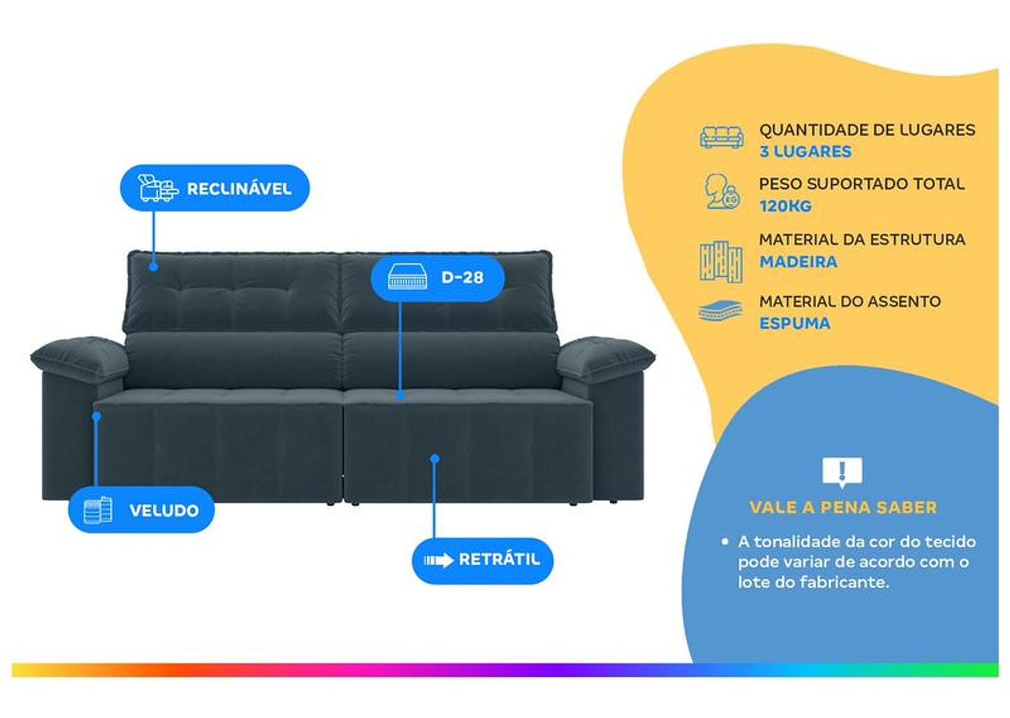 Sofá 3 Lugares Retrátil Reclinável Veludo Santorini Besthouse