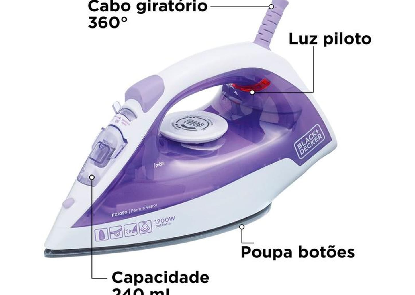 Ferro de Passar Roupa a Vapor e a Seco Black+Decker FX1050 Branco e Roxo