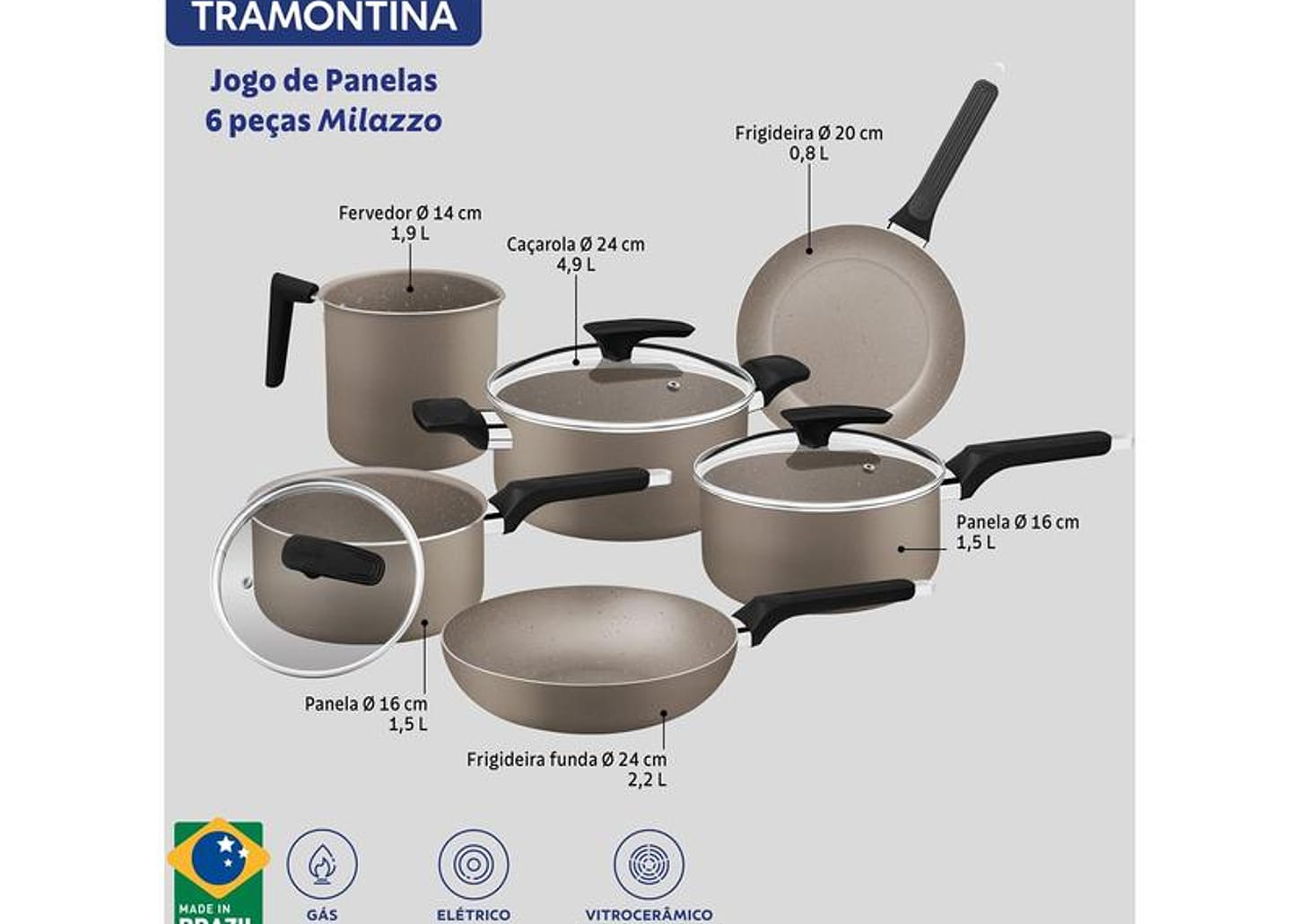 Jogo de Panelas Tramontina Antiaderente de Alumínio Amêndoa Milazzo