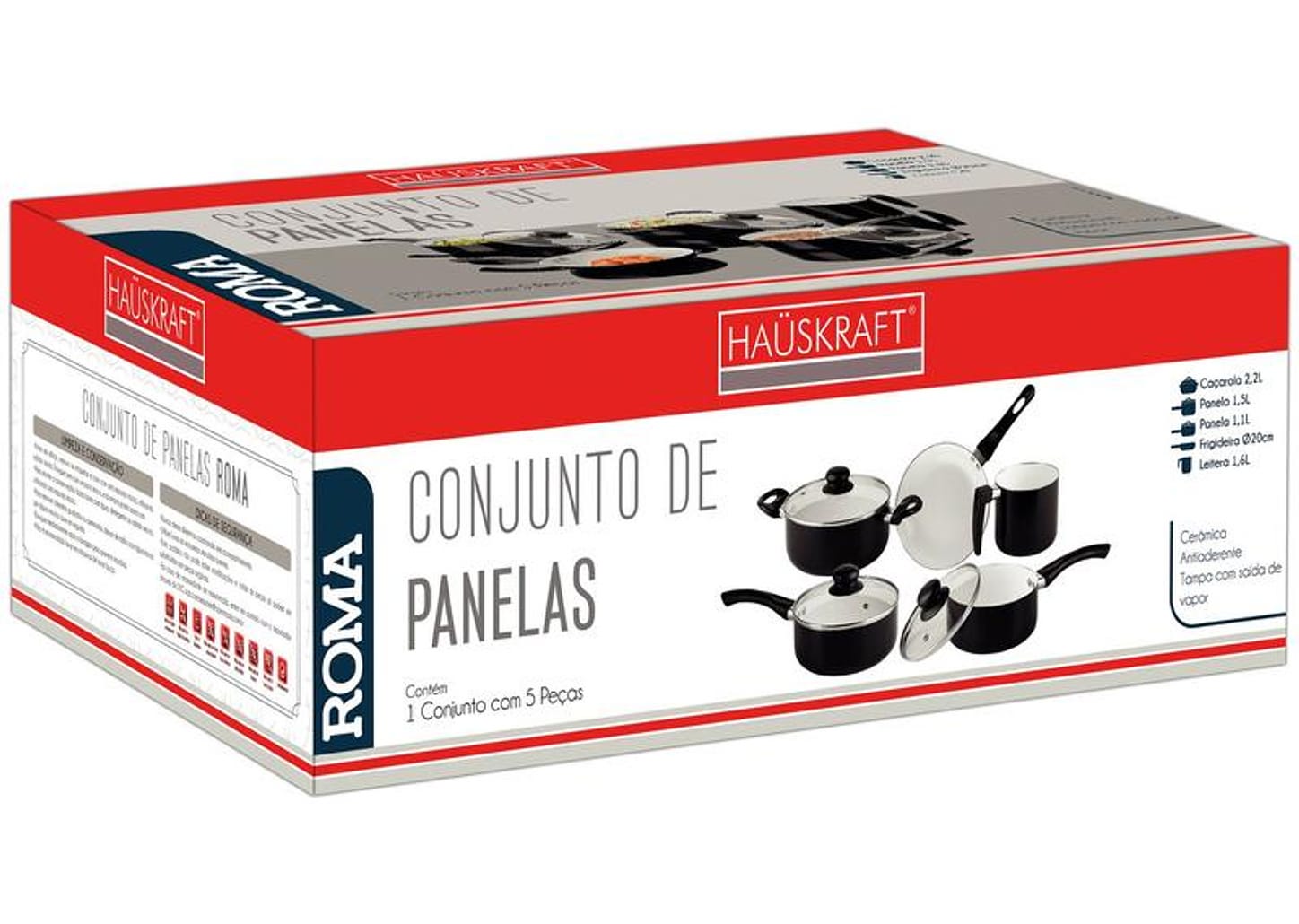 Jogo de Panelas Hauskraft Revestimento Cerâmico de Alumínio Preto 5 Peças Roma