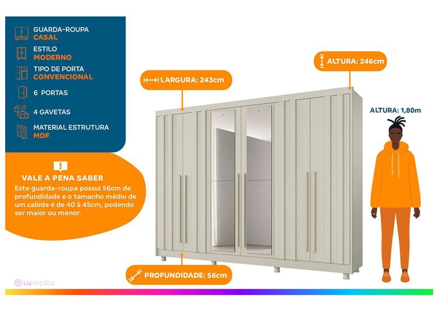 Guarda-roupa Casal com Espelho 4 Gavetas 6 Portas Made Marcs Torino