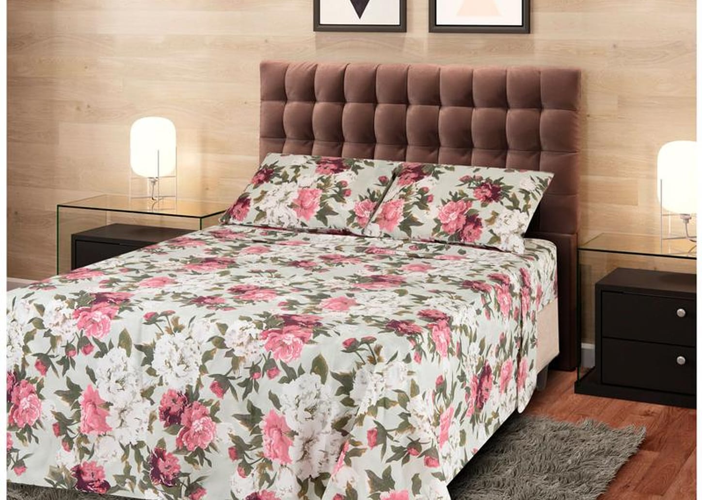 Jogo de Cama Queen de Poliéster Marcelino Têxtil 170 Fios Premier Provençal Branco e Rosa 4 Peças