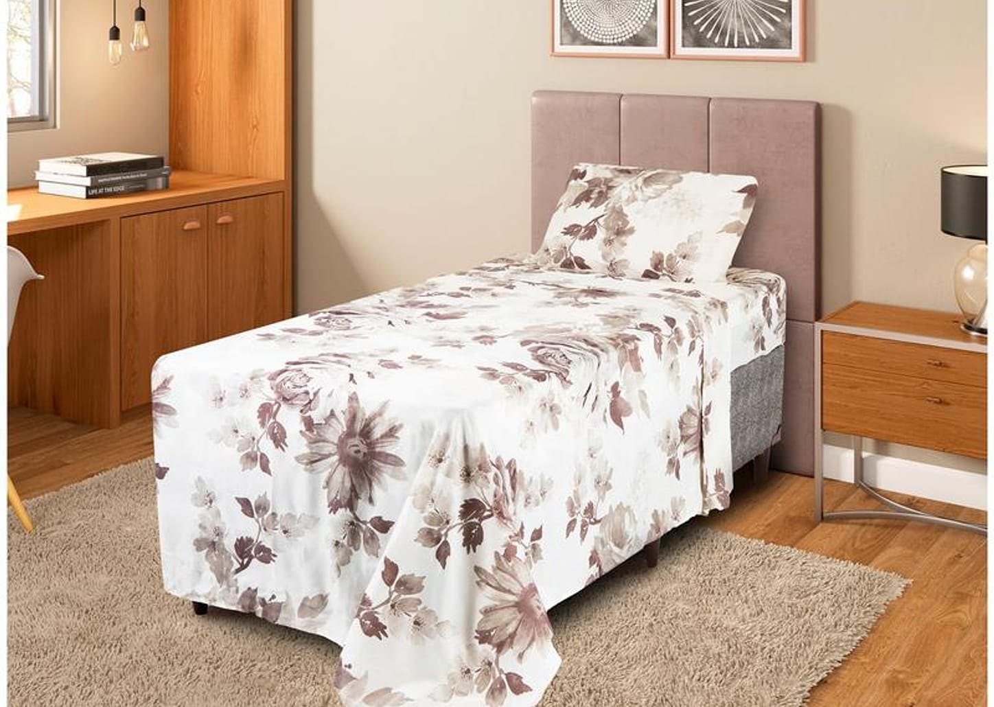 Jogo de Cama Solteiro de Poliéster Marcelino Têxtil 170 Fios Premier Clamart Cinza e Branco 3 Peças