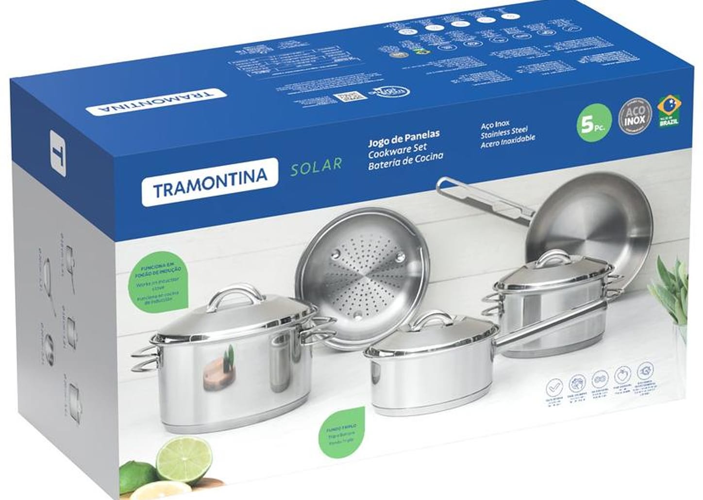 Jogo de Panelas Tramontina Inox Fundo Triplo 5 Peças Solar