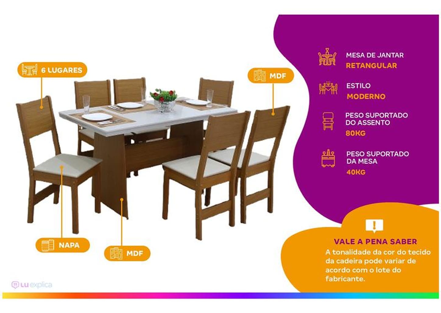 Mesa de Cozinha com 6 Cadeiras Retangular Destak Móveis São Carlos