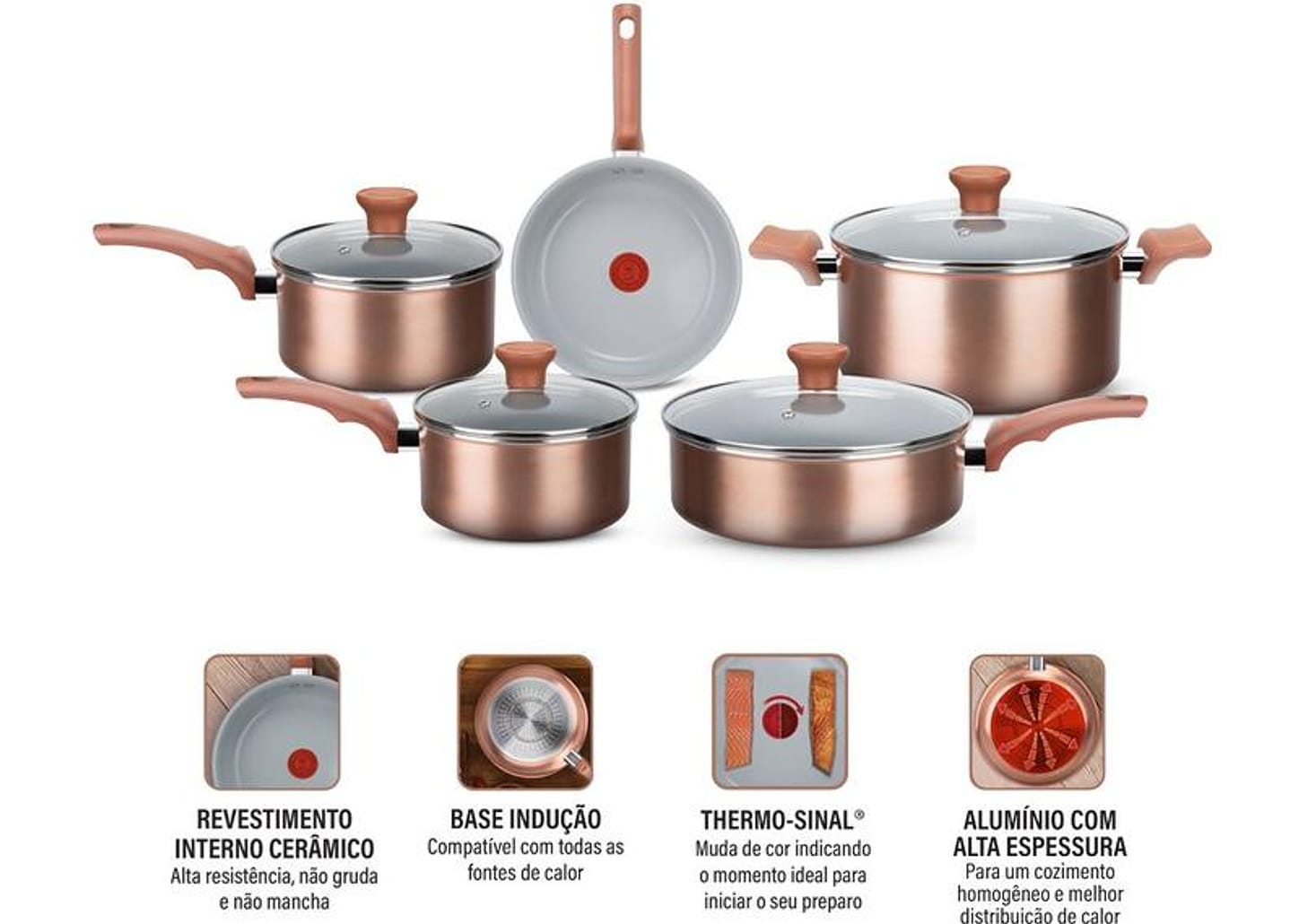 Jogo de Panelas Rochedo Cerâmico de Alumínio Rose Gold Fundo Triplo 5 Peças Ceramic