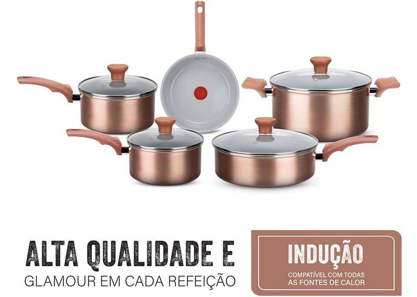 Jogo de Panelas Rochedo Cerâmico de Alumínio Rose Gold Fundo Triplo 5 Peças Ceramic